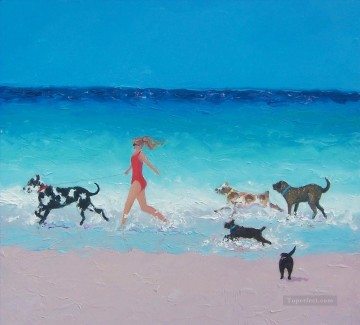 fille et chiens courir sur la plage Peinture à l'huile